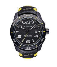 Carica l&#39;immagine nel visualizzatore di Gallery, ALPINESTARS TECH WATCH 3 HANDS CARBON FIBER DIAL BLACK STAINLESS STEEEL CASE WITH LUXURY HAND MADE BLACK/YELLOW LEATHER STRAP
