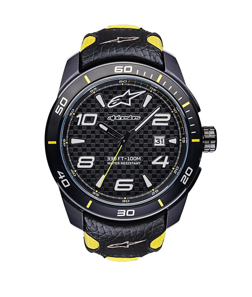 ALPINESTARS TECH WATCH 3 HANDS CARBON FIBER DIAL BLACK STAINLESS STEEEL CASE WITH LUXURY HAND MADE BLACK/YELLOW LEATHER STRAP