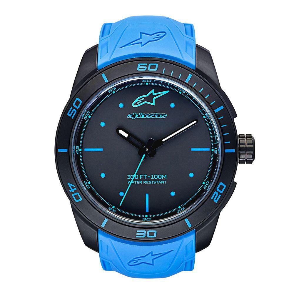 ALPINESTARS TECH WATCH 3 HANDS BLACK STAINLESS STEEEL CASE - BLUE ACCENT WITH INTEGRATED SILICONE STRAP